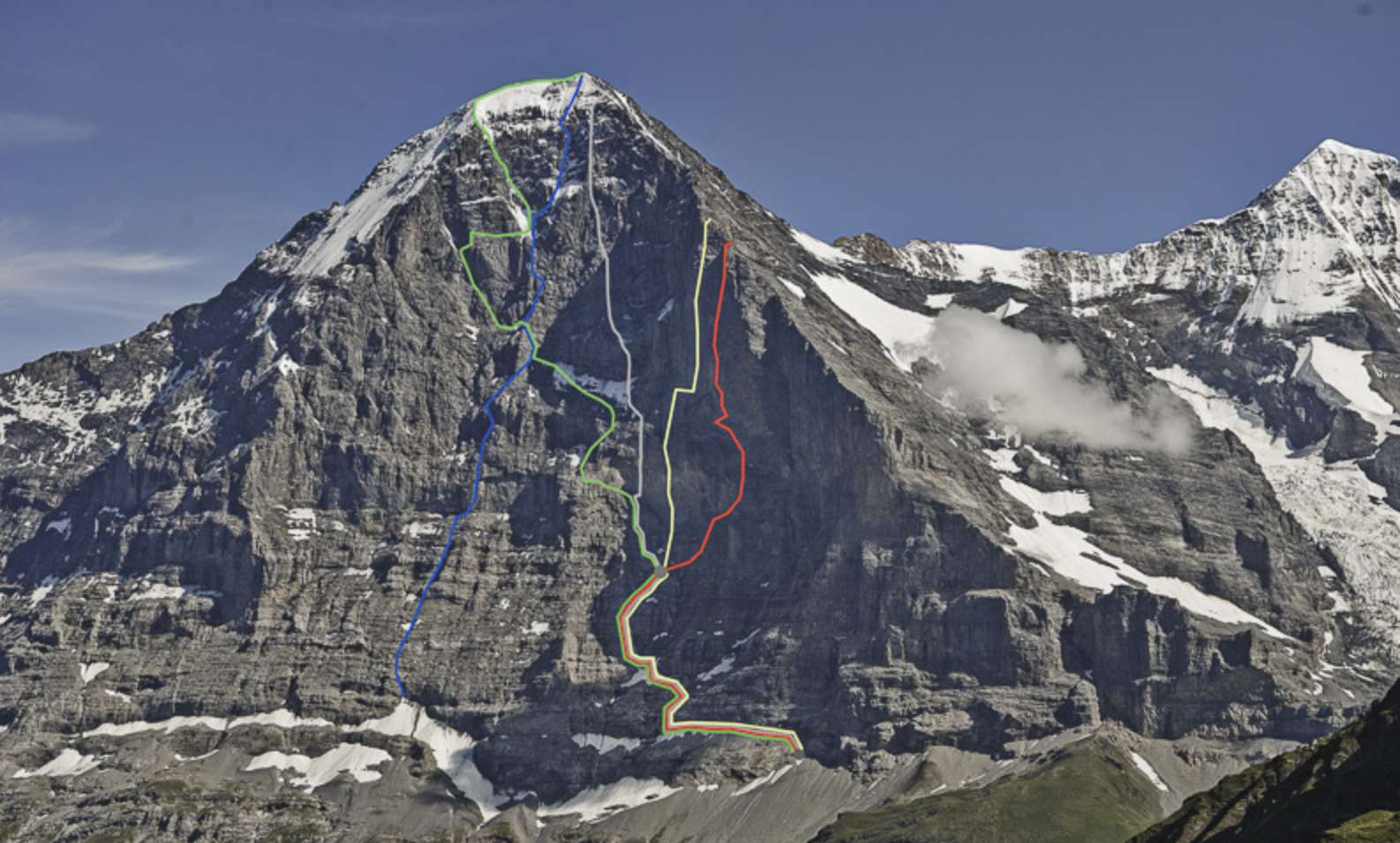 The different lines up the Eiger North Face – Odyssee in yellow (image by Frank Kretschmann)